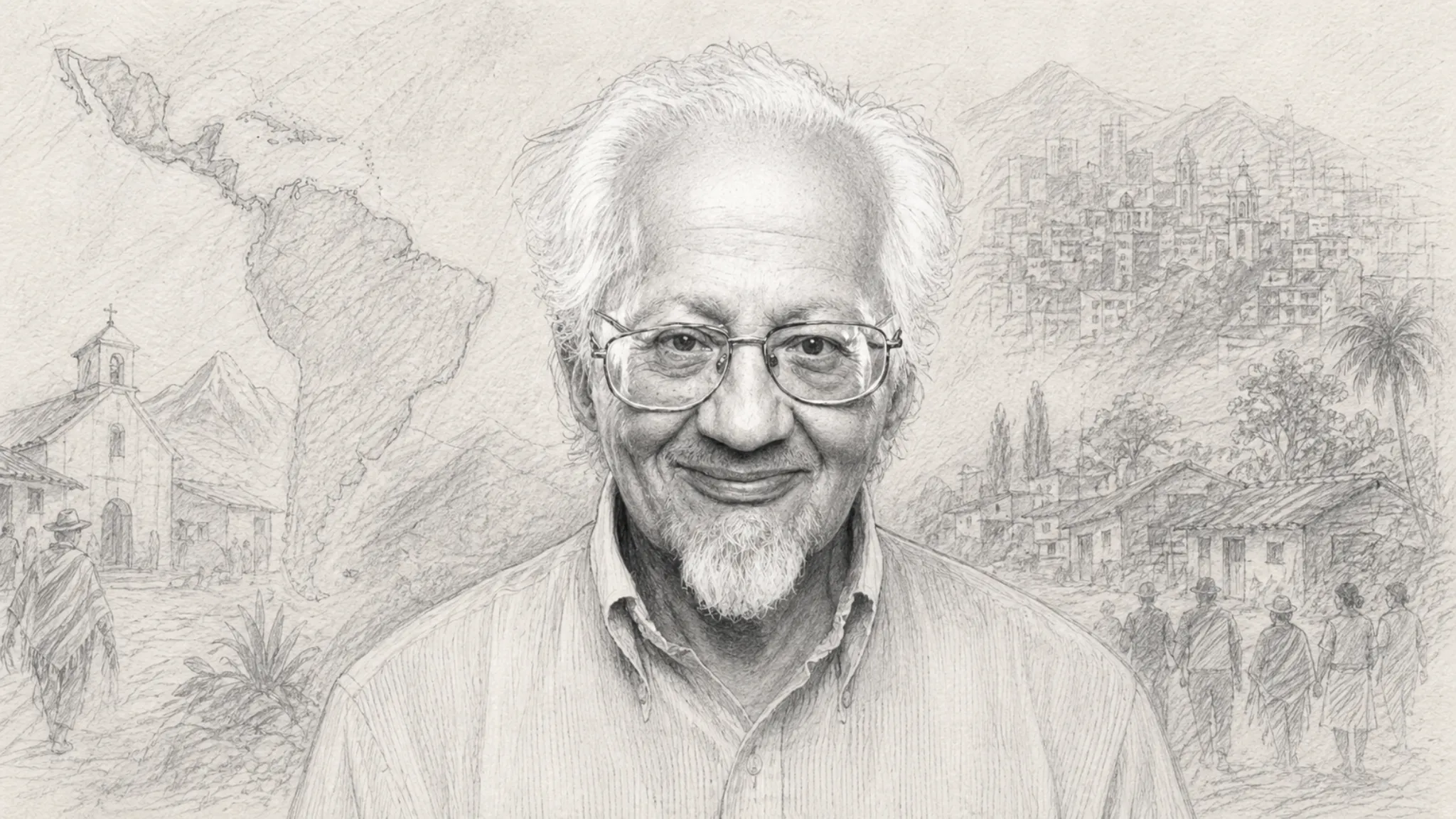 Retrato ilustrado en blanco y negro de René Padilla con fondo de América Latina, representando su legado en la misión integral y la teología latinoamericana.