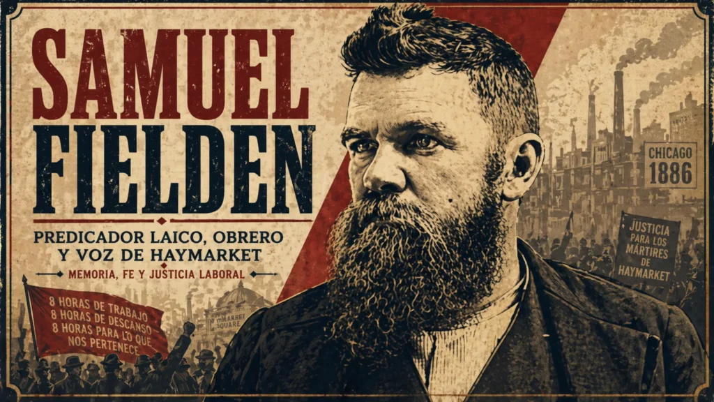 Afiche conmemorativo de Samuel Fielden, predicador laico metodista y obrero vinculado al movimiento de Haymarket y la lucha por la justicia laboral.