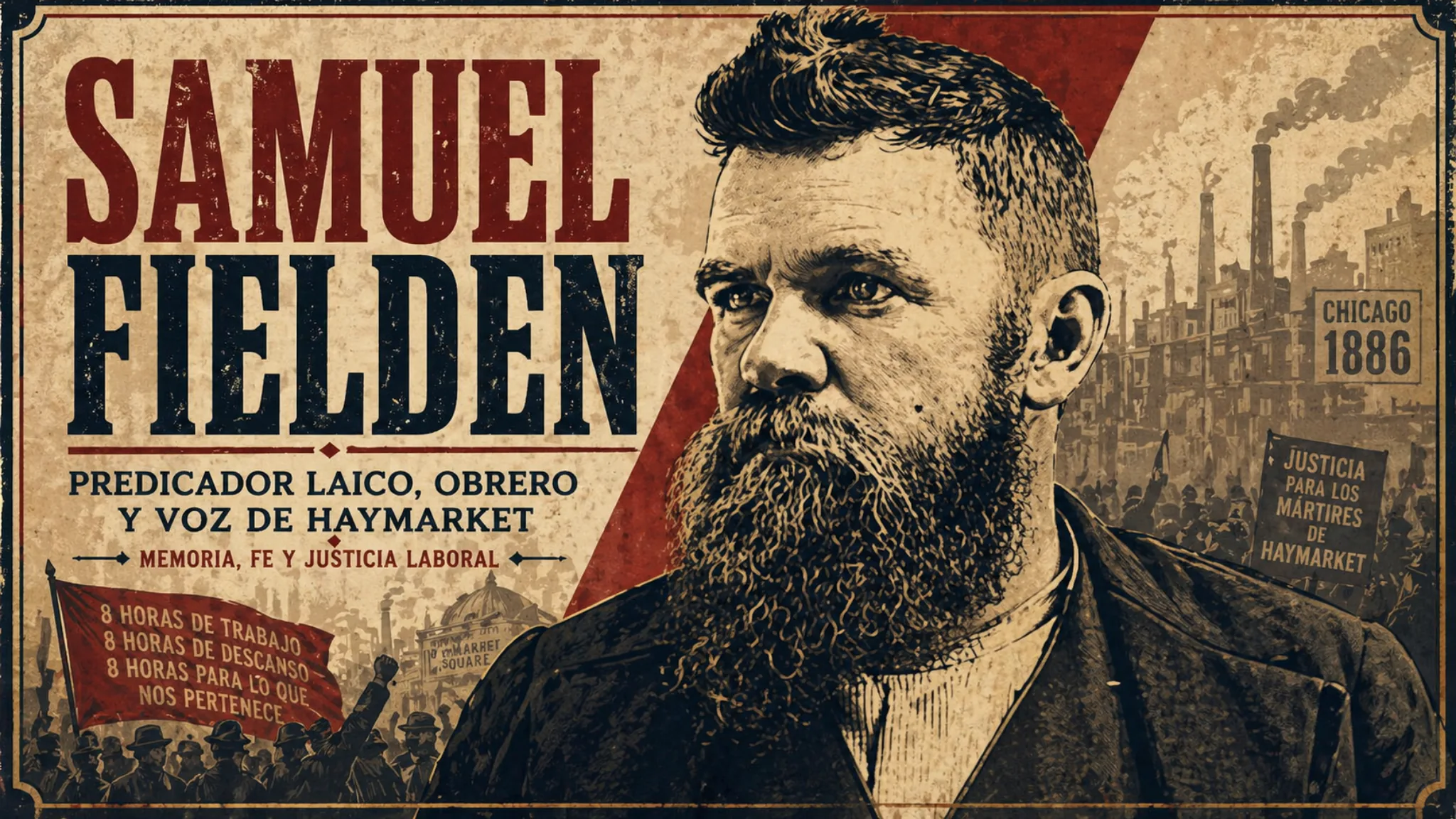 Afiche conmemorativo de Samuel Fielden, predicador laico metodista y obrero vinculado al movimiento de Haymarket y la lucha por la justicia laboral.