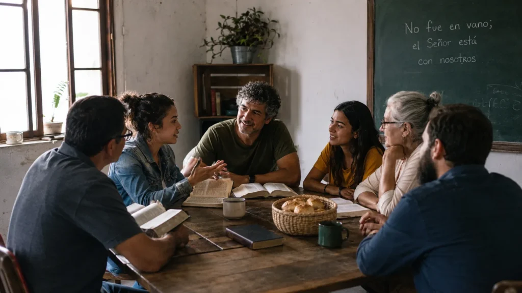 Comunidad cristiana reunida alrededor de una mesa con Biblias abiertas, pan compartido y luz natural, en una escena sobre el culto dominical y el Día del Señor.