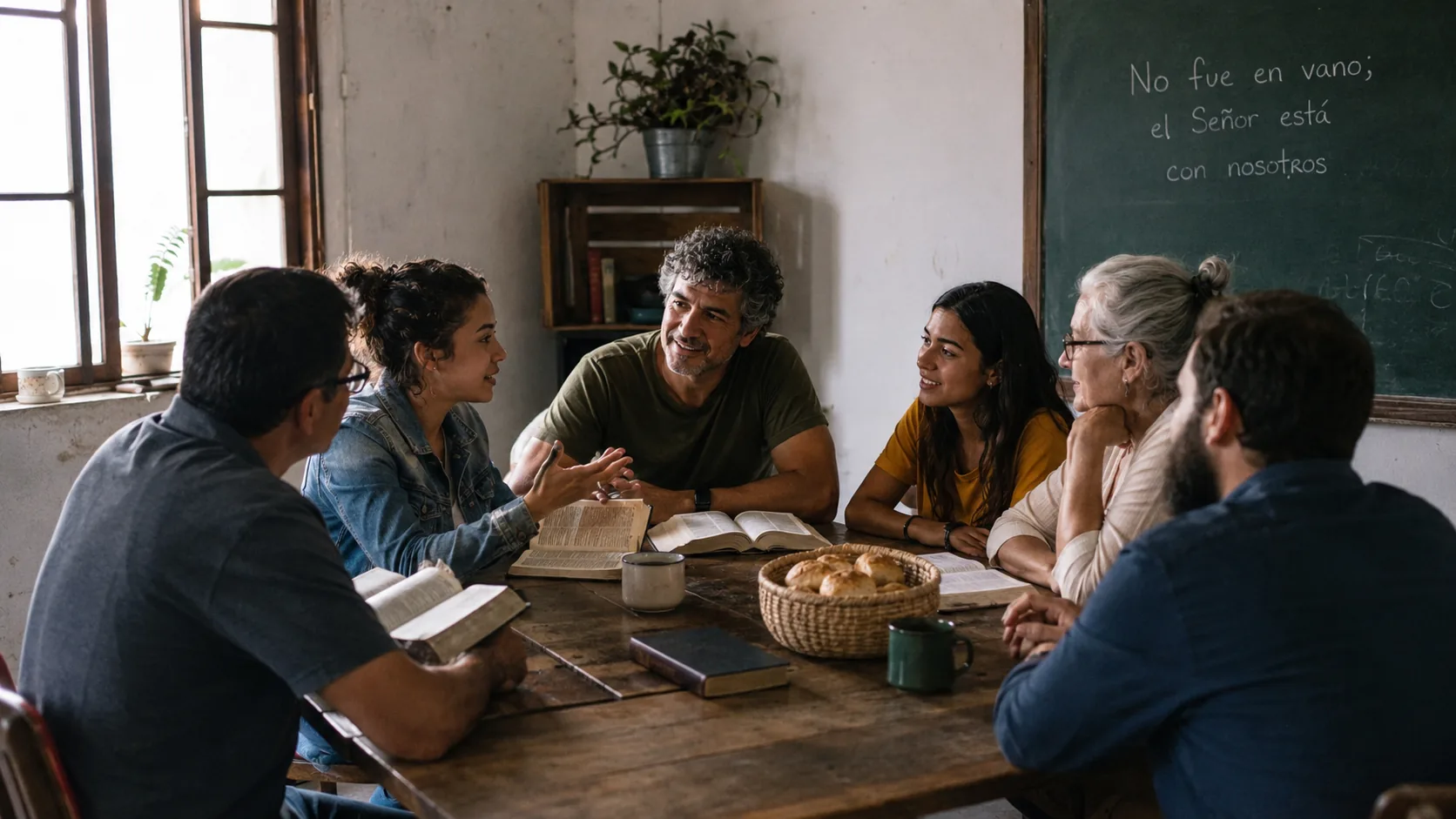 Comunidad cristiana reunida alrededor de una mesa con Biblias abiertas, pan compartido y luz natural, en una escena sobre el culto dominical y el Día del Señor.