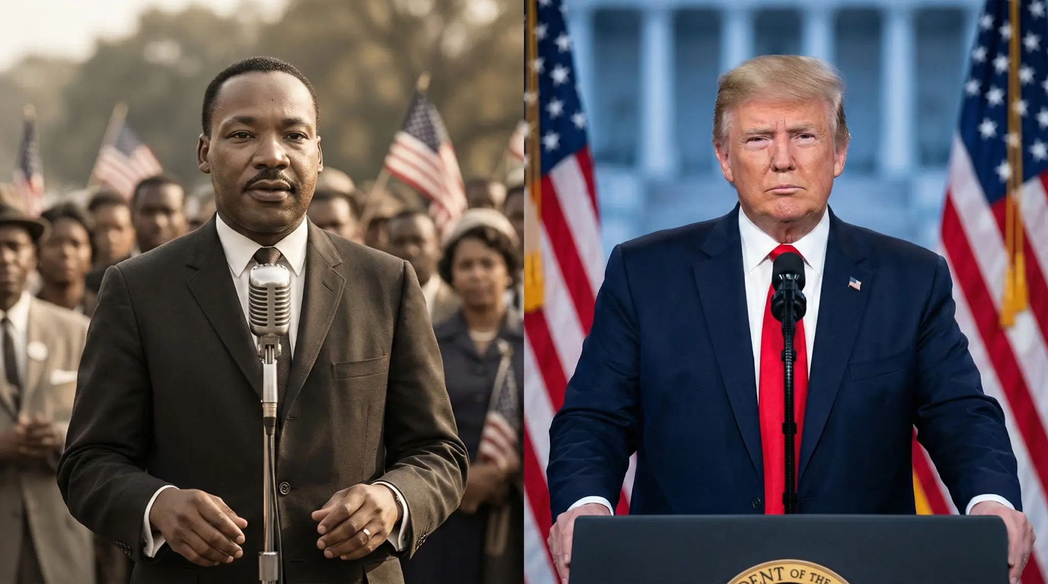 Martin Luther King Jr. y Donald Trump dando discursos públicos, representando dos visiones opuestas de Estados Unidos, los derechos civiles y el poder político.