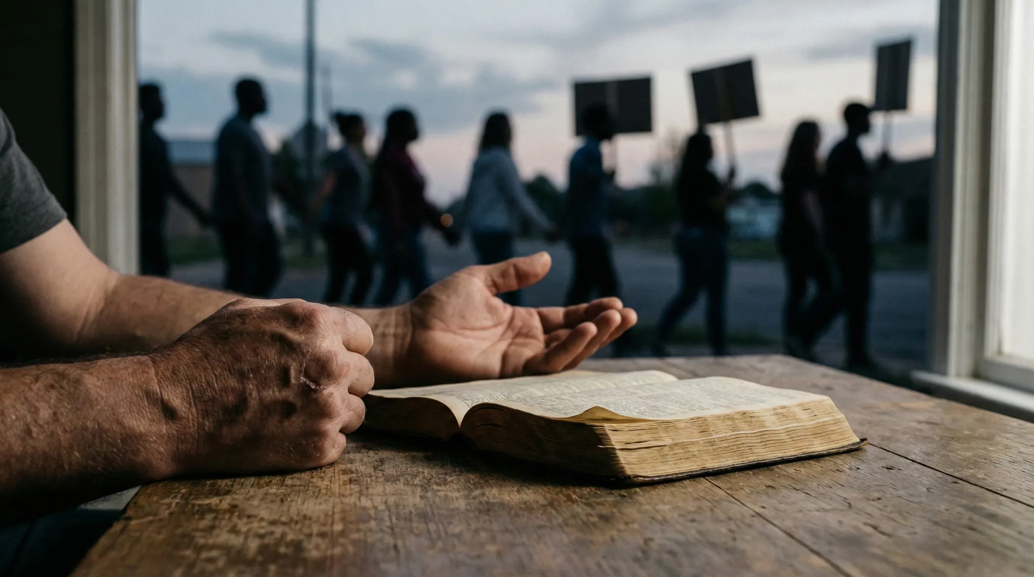 Manos humanas sobre una Biblia abierta en una mesa de madera, con una marcha pacífica desenfocada al fondo, como símbolo de la espiritualidad cristiana y la justicia social inspiradas en Martin Luther King.