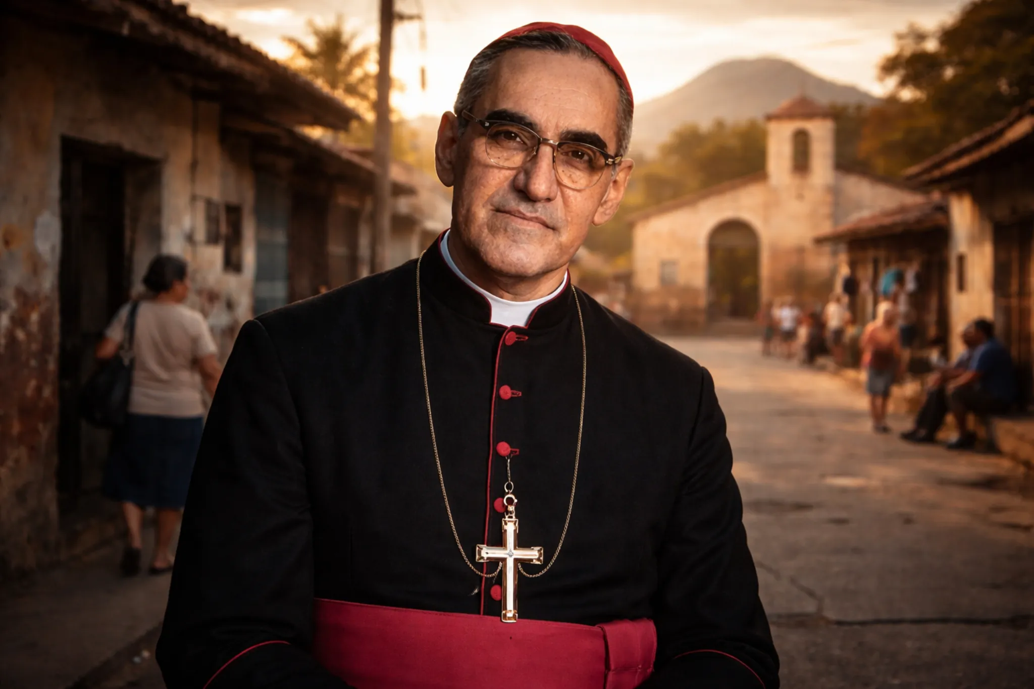 Monseñor Óscar Romero en un barrio de El Salvador con iglesia al fondo, retrato editorial que refleja fe, compromiso social y cercanía con el pueblo latinoamericano