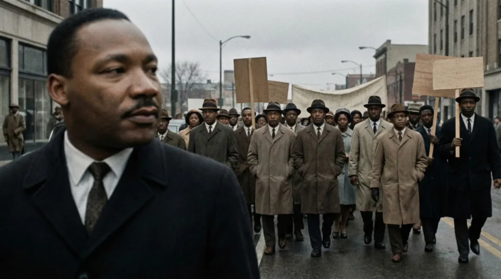 Martin Luther King camina en perfil durante una marcha pacífica por los derechos civiles en Estados Unidos, rodeado de hombres y mujeres que avanzan en silencio, en una escena documental que representa la desobediencia civil no violenta.