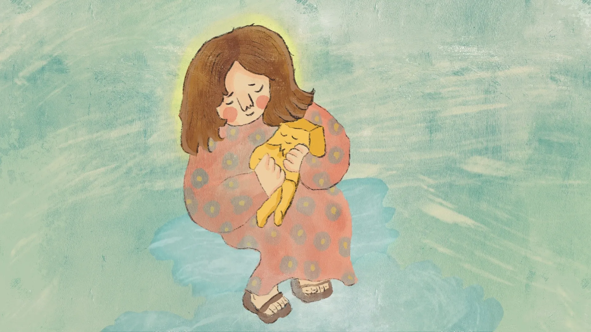 Ilustración de una mujer abrazando un muñeco amarillo, imagen simbólica del Dios maternal y la ternura divina en la Biblia.