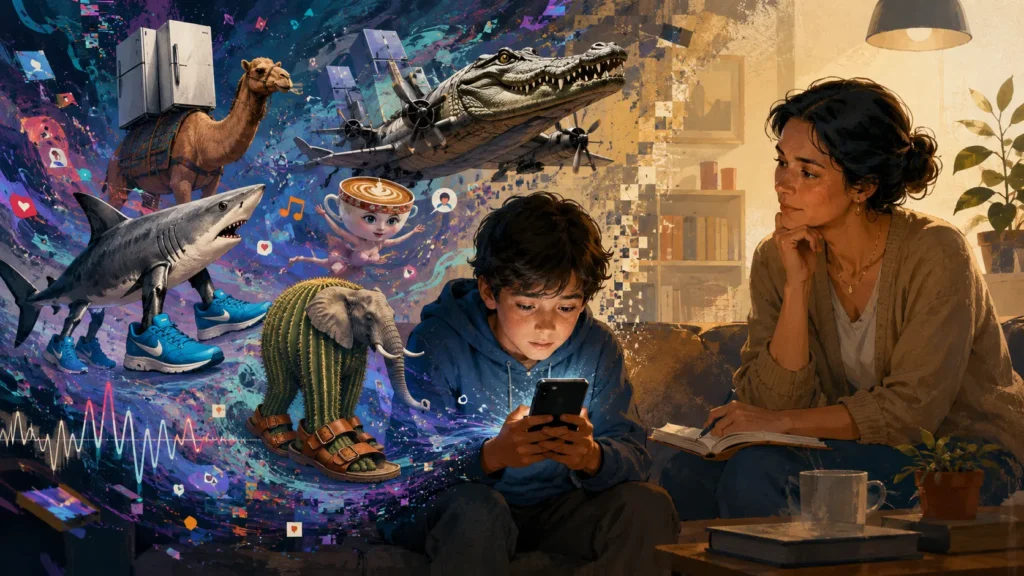 Ilustración sobre Tralalero Tralalá y el brainrot italiano, con un niño frente al celular, criaturas virales absurdas y una escena familiar de discernimiento cristiano.
