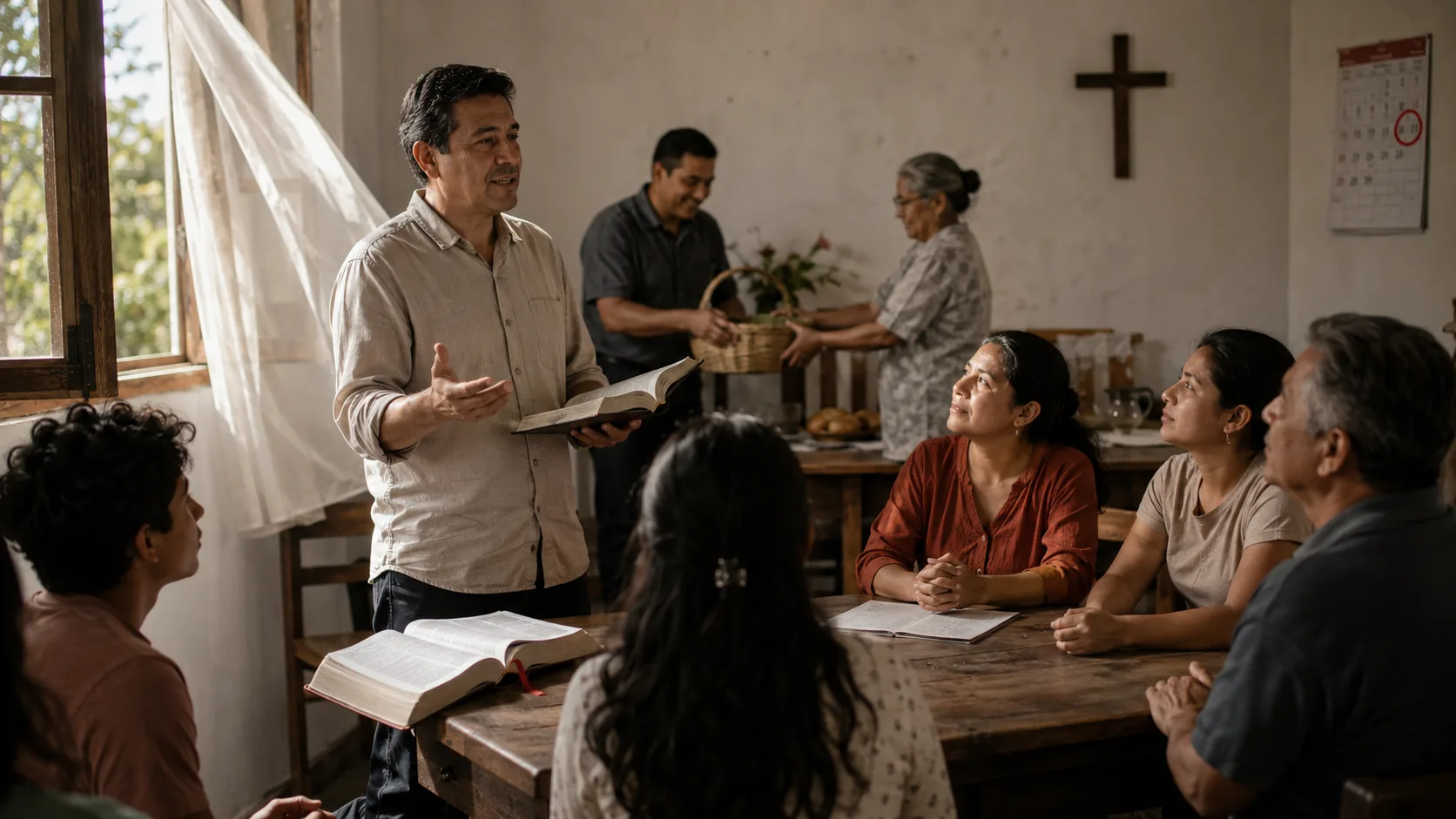 Comunidad cristiana latinoamericana reunida alrededor de la Biblia en una reflexión sobre Pentecostés, la predicación y la vida compartida.