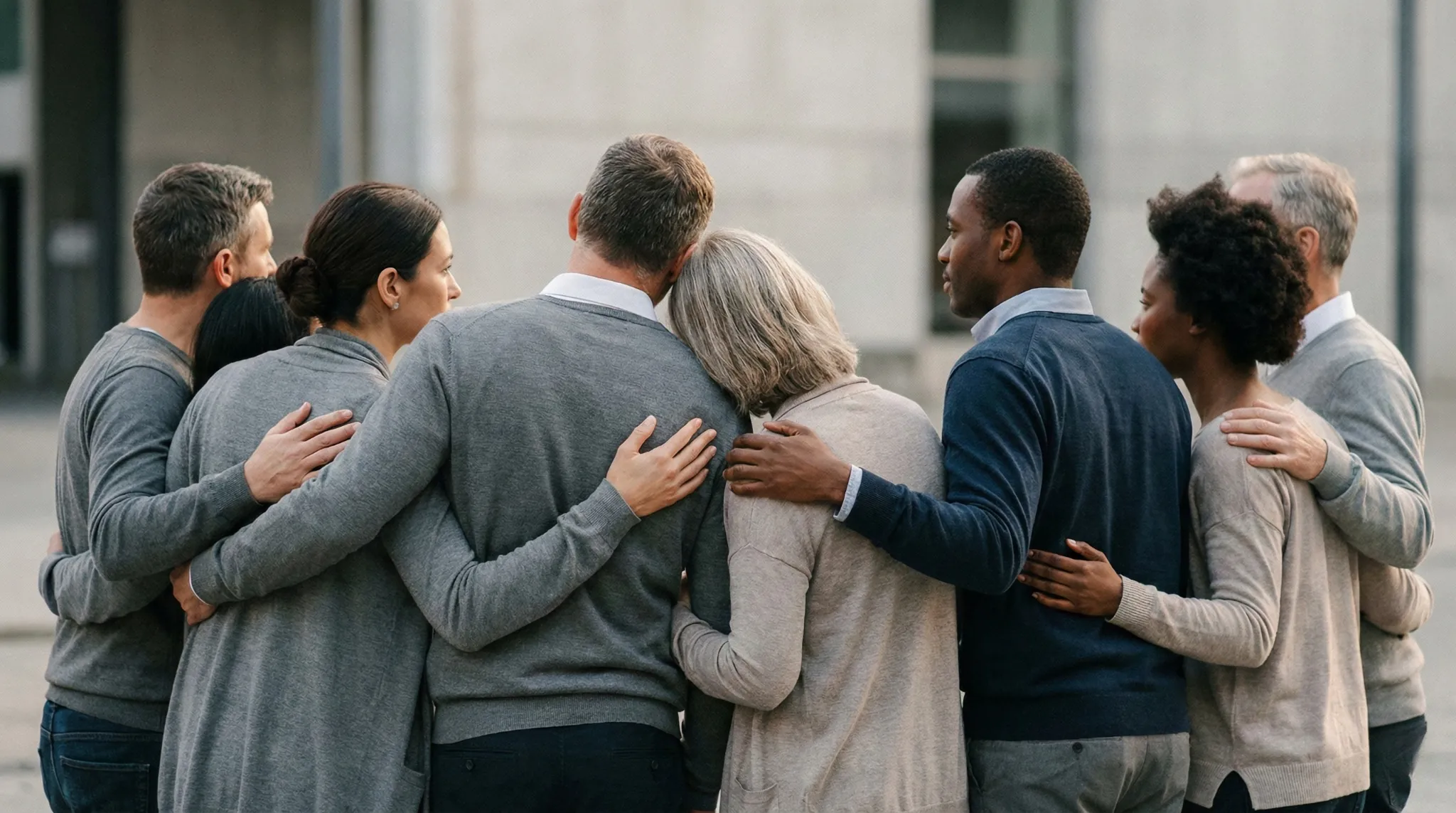 Grupo diverso de personas adultas unidas por gestos de cuidado y cercanía, como metáfora visual de la iglesia entendida como cuerpo de Cristo según 1 Corintios 12.