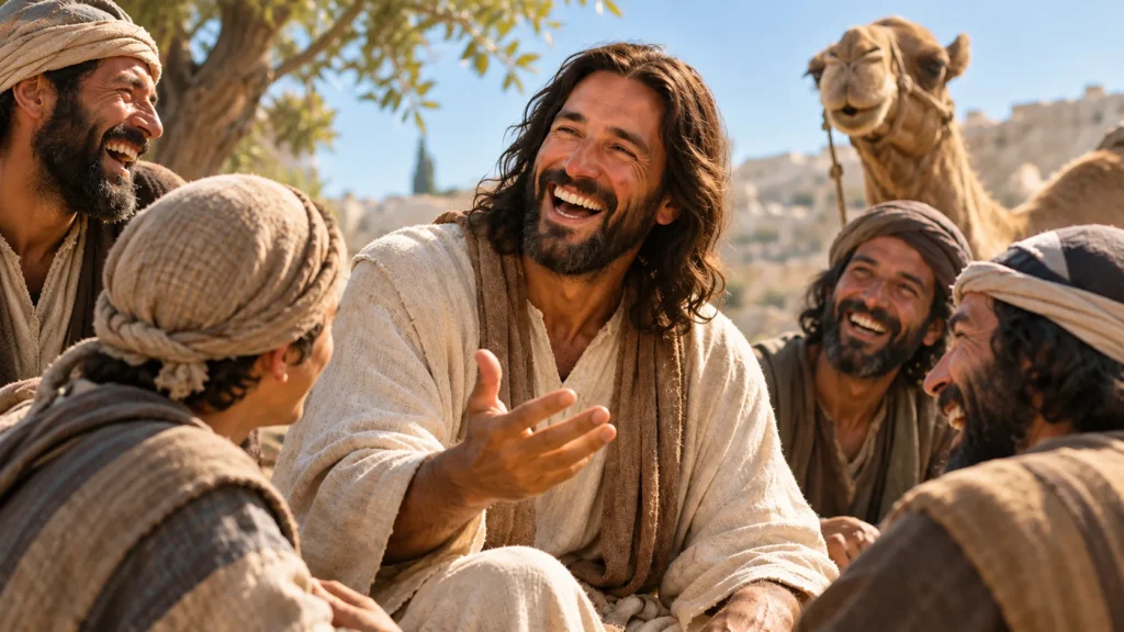 Jesús ríe con sus discípulos mientras conversa con ellos, una escena inspirada en el sentido del humor de Jesús en los evangelios