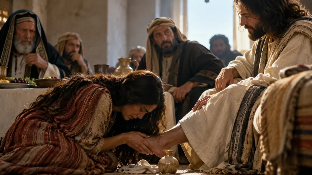 Mujer unge y seca con su cabello los pies de Jesús ante la mirada de los fariseos, escena de Lucas 7:36-50 sobre misericordia, juicio y perdón.