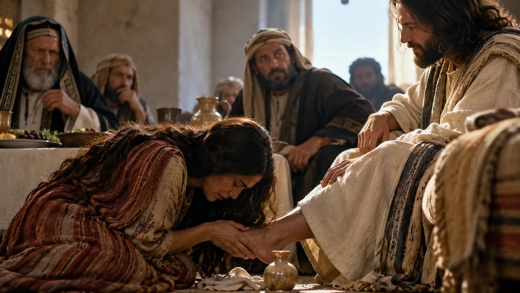 Mujer unge y seca con su cabello los pies de Jesús ante la mirada de los fariseos, escena de Lucas 7:36-50 sobre misericordia, juicio y perdón.