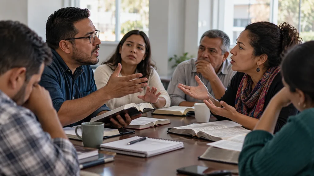 Grupo de cristianos latinoamericanos participa en un intenso debate teológico alrededor de una mesa con Biblias abiertas, reflejando las emociones, diferencias doctrinales y tensiones religiosas que aborda la psicoteología en tiempos de polarización.