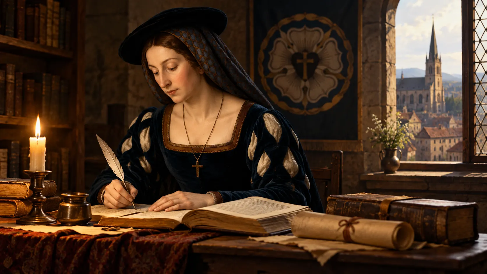 Mujer de la época de la Reforma Protestante escribe con una pluma sobre un libro abierto, rodeada de manuscritos y libros antiguos, en una escena inspirada en Marie Dentière.