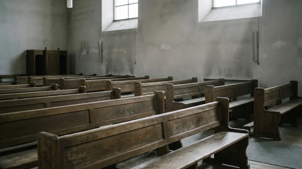 Iglesia cristiana vacía con bancas de madera y luz fría, representación visual de la crisis de la cristiandad como sistema de poder.