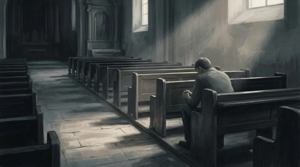 Ilustración editorial de una iglesia vacía con una persona sentada sola en un banco, en silencio y reflexión, simbolizando el dolor persistente del abuso sexual infantil y el silencio de la Iglesia.