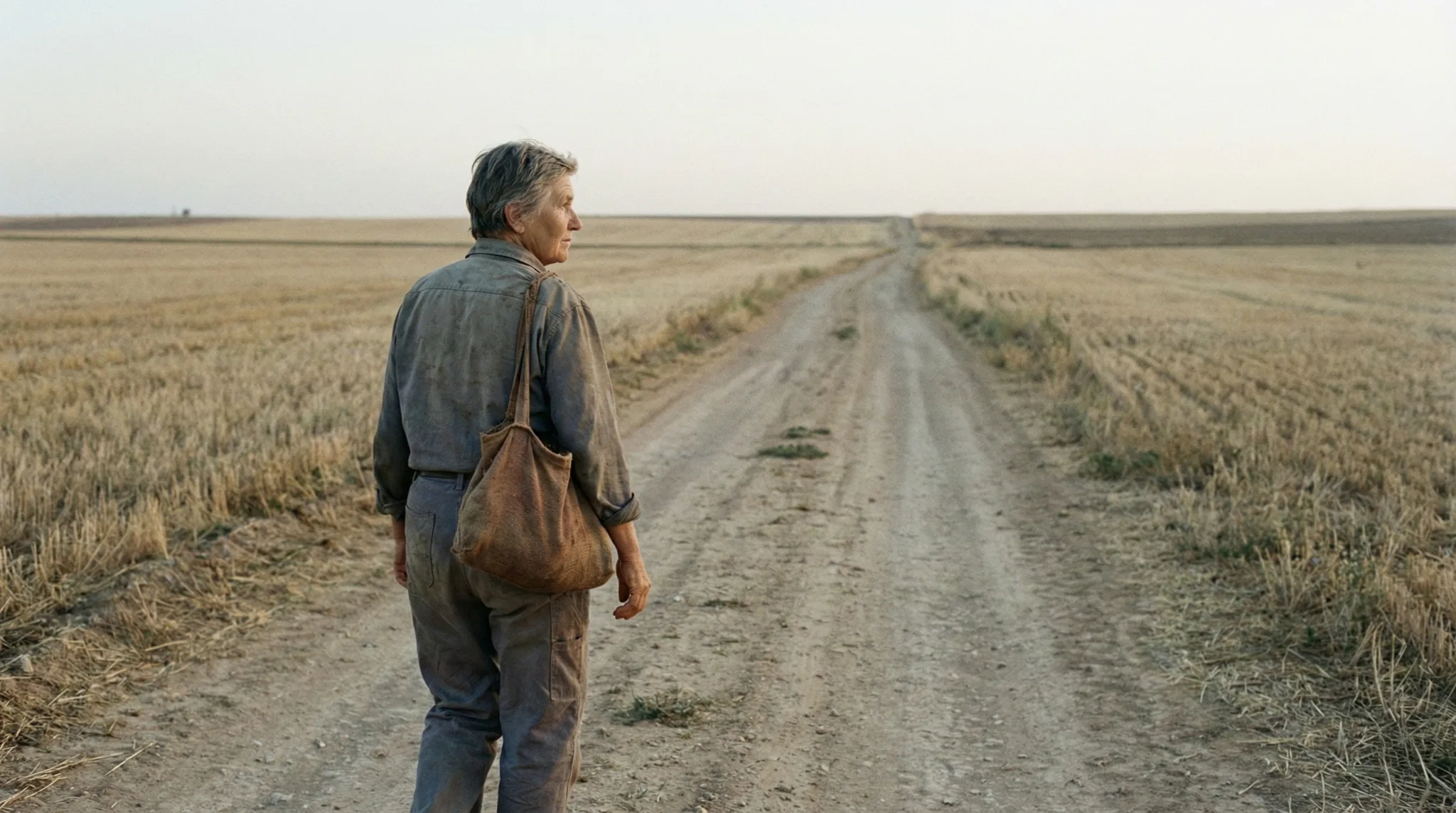 Mujer caminando sola por un camino rural entre campos cosechados, imagen editorial que representa la lealtad, la espera y la redención en el libro de Rut.