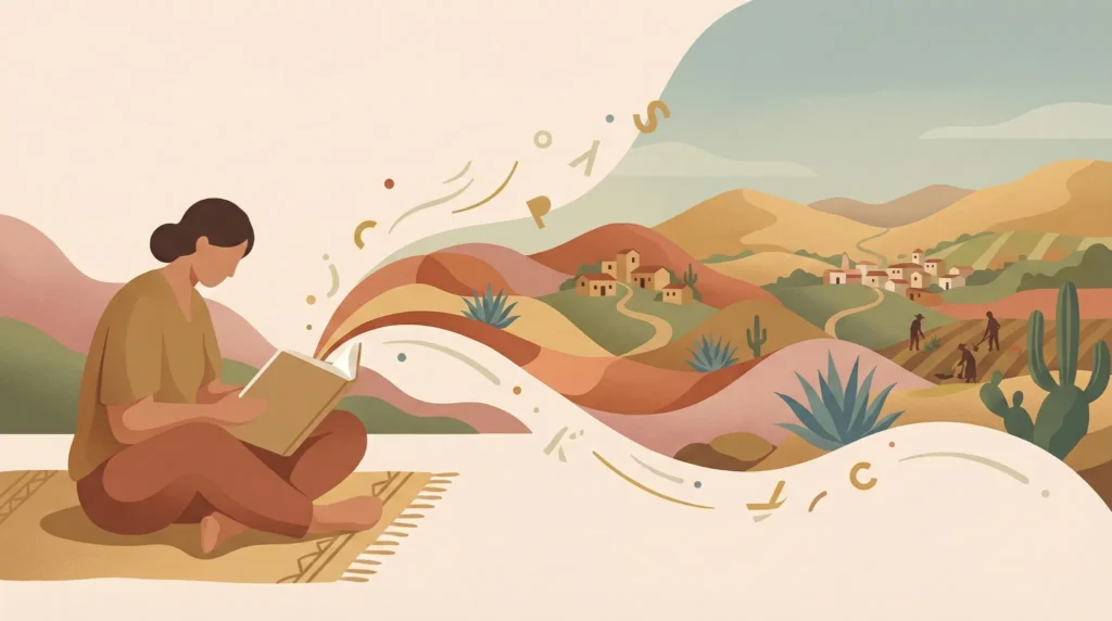 Persona leyendo la Biblia mientras el texto se transforma en un paisaje latinoamericano, simbolizando una lectura bíblica desde América Latina, contextual y vinculada a la vida.
