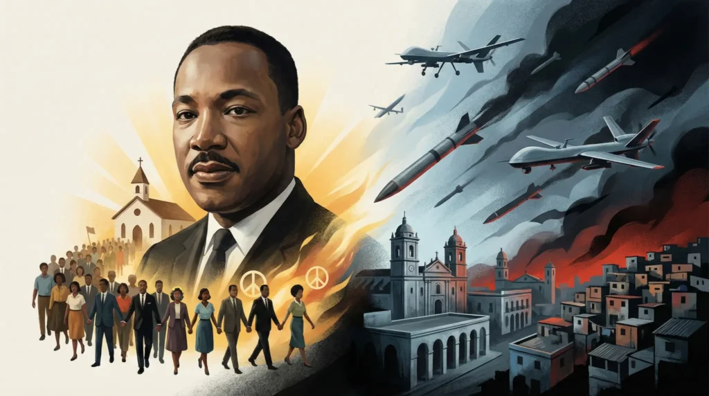 Ilustración editorial que contrasta el legado de paz de Martin Luther King con la guerra moderna y el impacto humano de la violencia