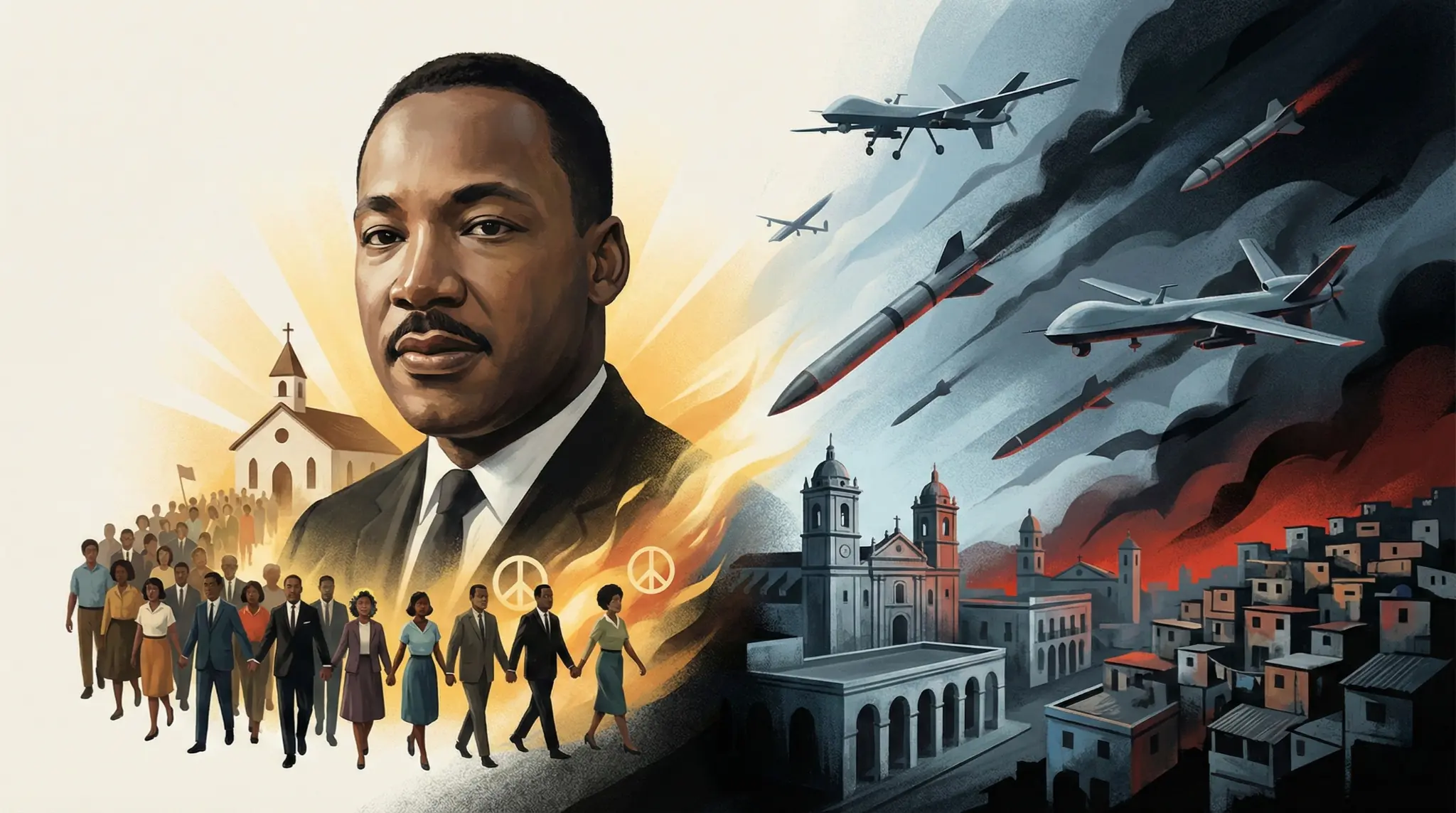 Ilustración editorial que contrasta el legado de paz de Martin Luther King con la guerra moderna y el impacto humano de la violencia