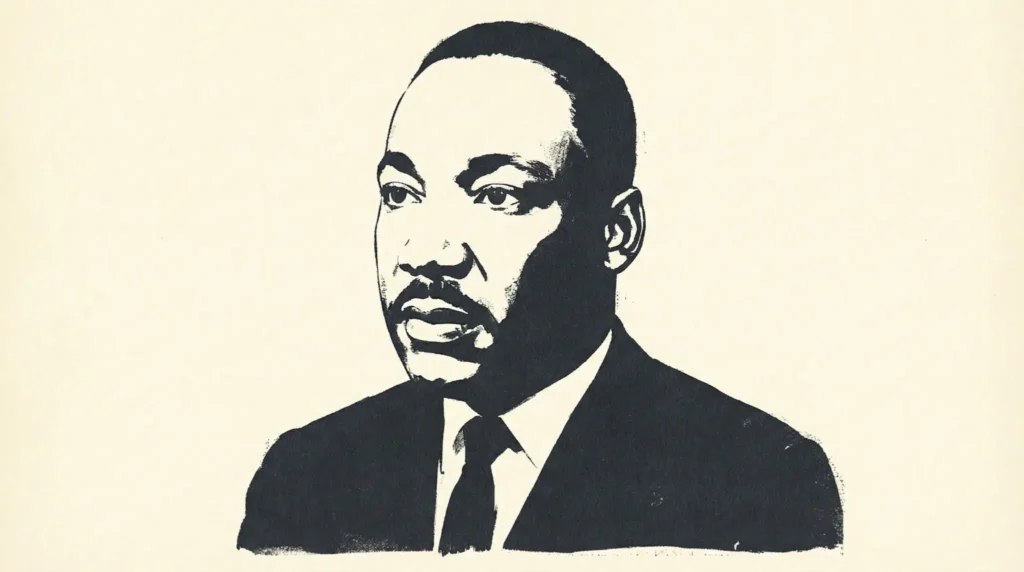 Retrato gráfico en blanco y negro de Martin Luther King Jr., con traje y corbata, en estilo afiche litográfico de los años sesenta, que evoca su liderazgo profético por la libertad y la justicia.