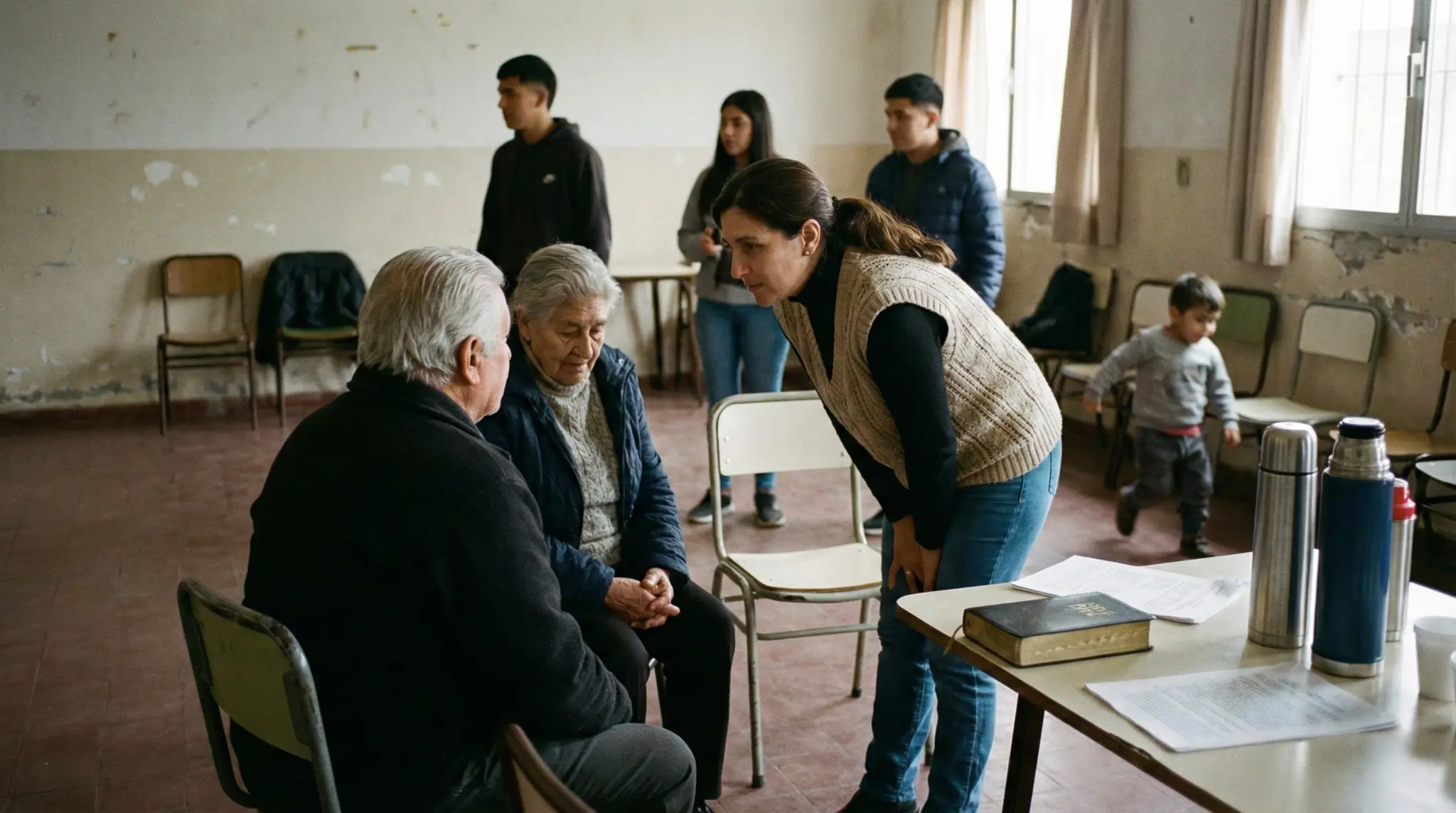 Mujer pastora acompaña y escucha a una comunidad intergeneracional en un espacio comunitario, reflejando el liderazgo pastoral femenino y el llamado de Dios más allá de las barreras culturales.