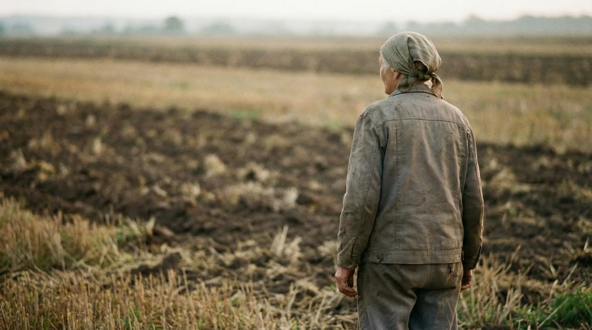 Mujer mayor de espaldas observa campos ya cosechados en un paisaje rural, imagen editorial inspirada en el cierre del libro de Rut y el tema bíblico de la redención y el linaje.