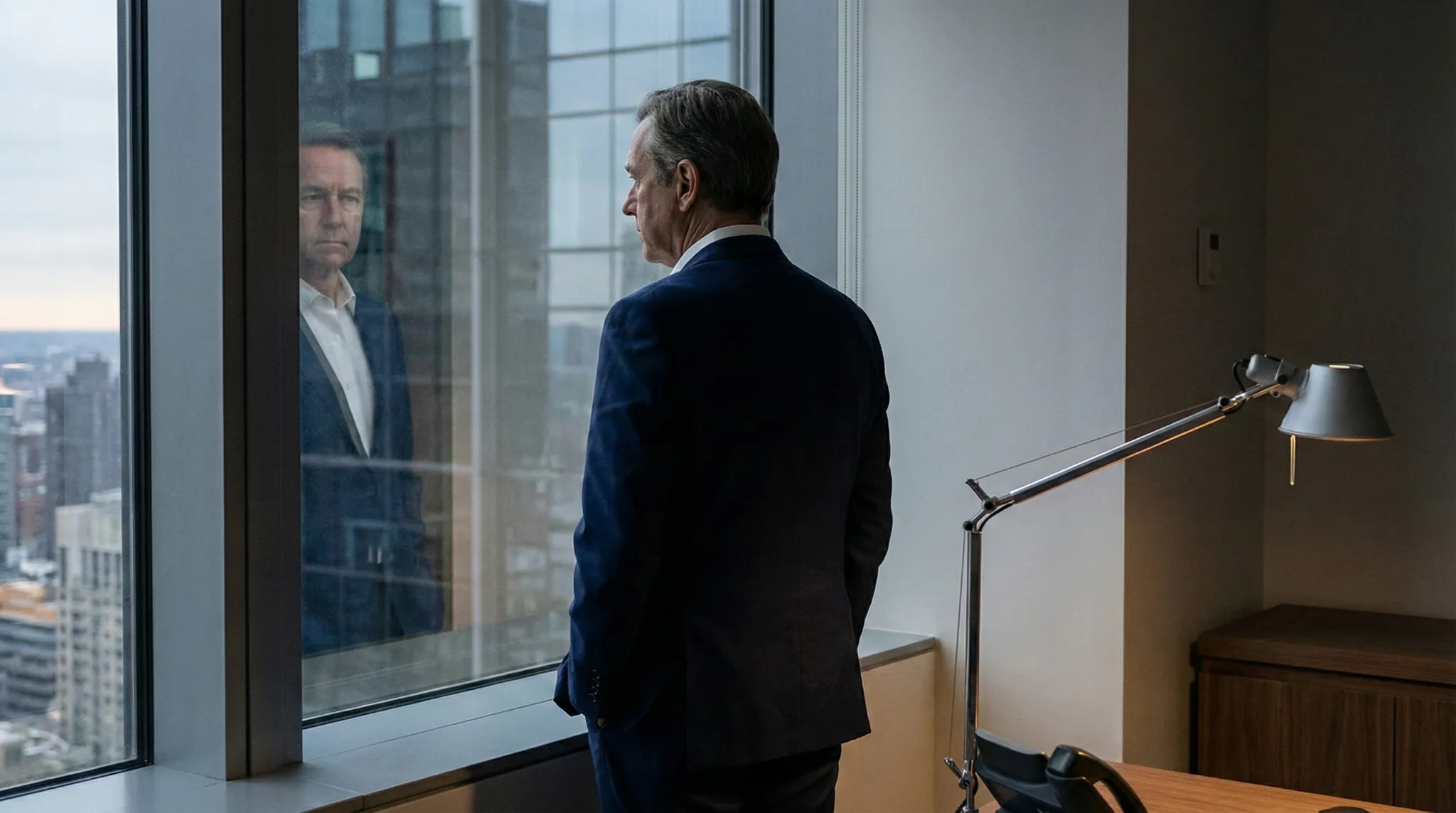 Hombre adulto de perfil, vestido de forma profesional, observa su reflejo en una ventana de oficina mientras reflexiona en silencio, imagen asociada a la autocrítica objetiva y la responsabilidad personal.