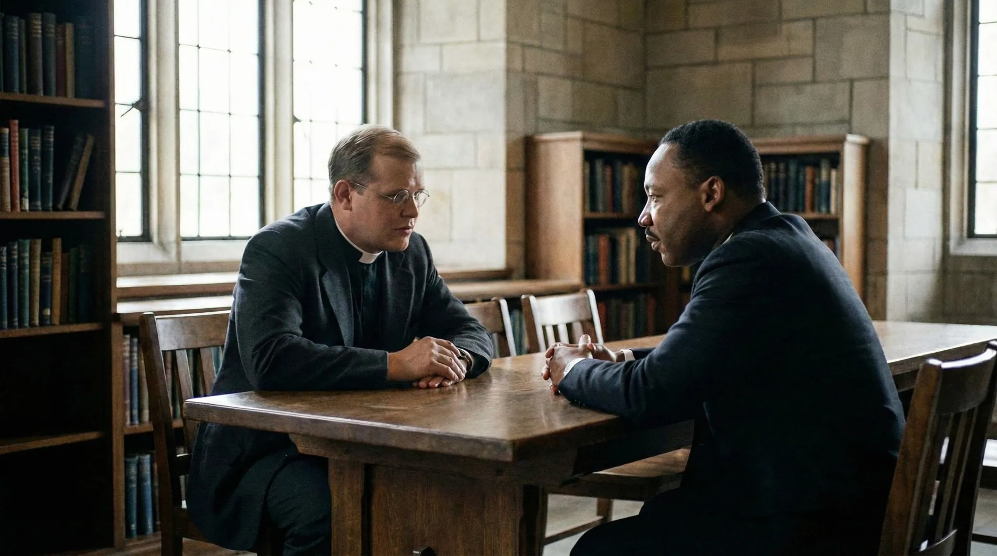 Dietrich Bonhoeffer y Martin Luther King Jr. conversan sentados en una biblioteca, representando la relación entre fe cristiana, justicia social y activismo ético.