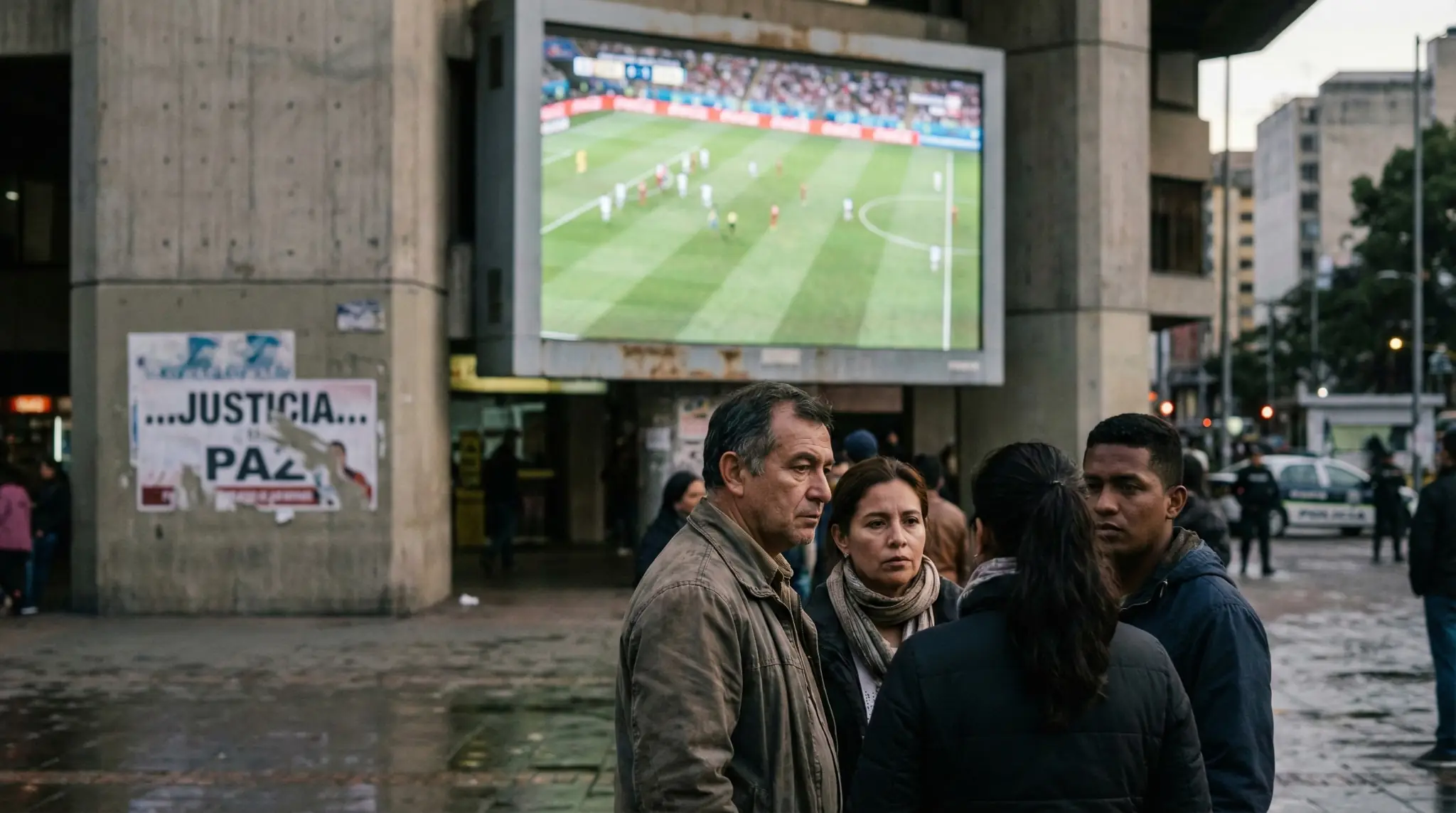Personas observan un partido de fútbol en pantalla gigante en una ciudad latinoamericana mientras un cartel de justicia y paz aparece en el fondo, reflejando tensión entre deporte y conciencia social.