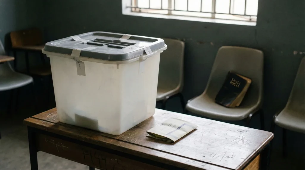 Urna de votación cerrada y papeleta electoral en un aula comunitaria, con una Biblia en español al fondo, reflejando la relación entre fe cristiana y política tras una elección.