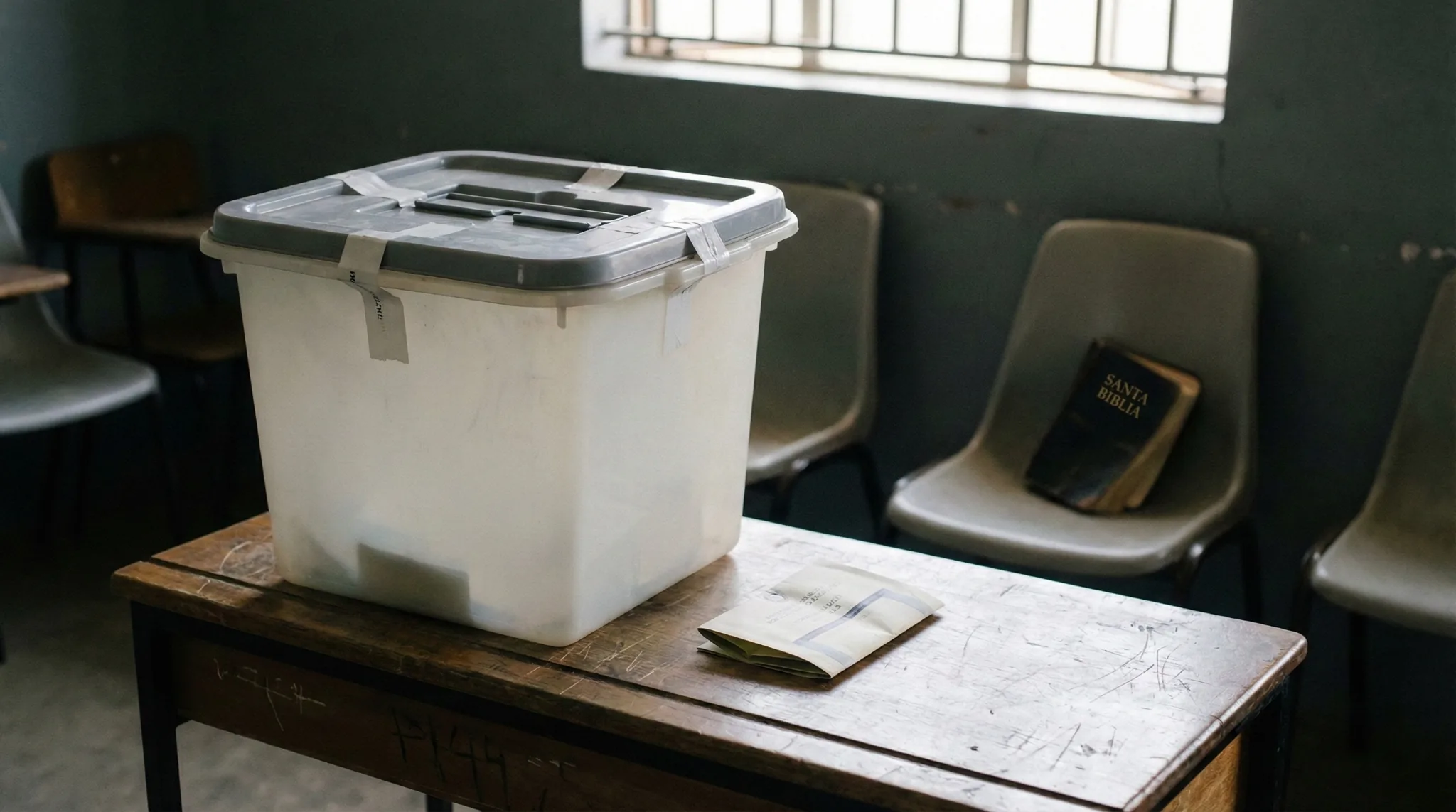 Urna de votación cerrada y papeleta electoral en un aula comunitaria, con una Biblia en español al fondo, reflejando la relación entre fe cristiana y política tras una elección.