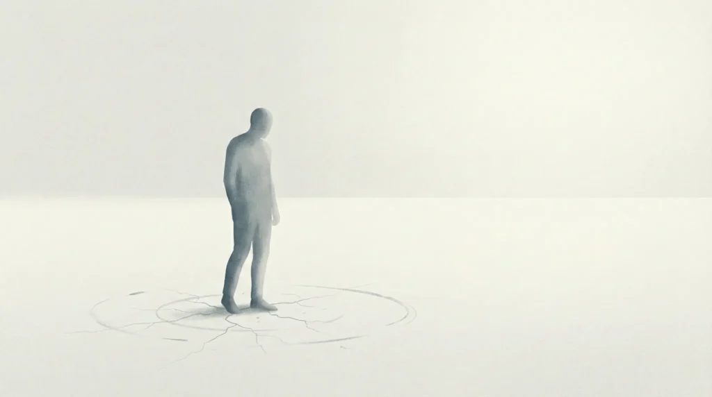 Ilustración editorial simbólica de una figura humana en silencio, de pie sobre un suelo agrietado, que sugiere la tensión entre fe, promesa y esterilidad en la historia de Abraham.