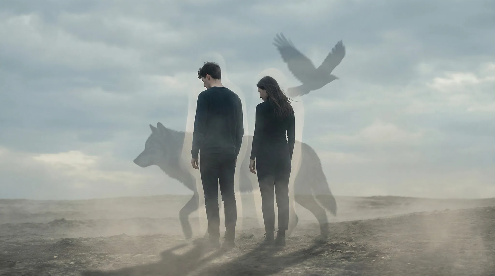 Jóvenes contemplativos con siluetas animales superpuestas en paisaje desértico, ilustrando el fenómeno Therian y la búsqueda de identidad desde una perspectiva cristiana.