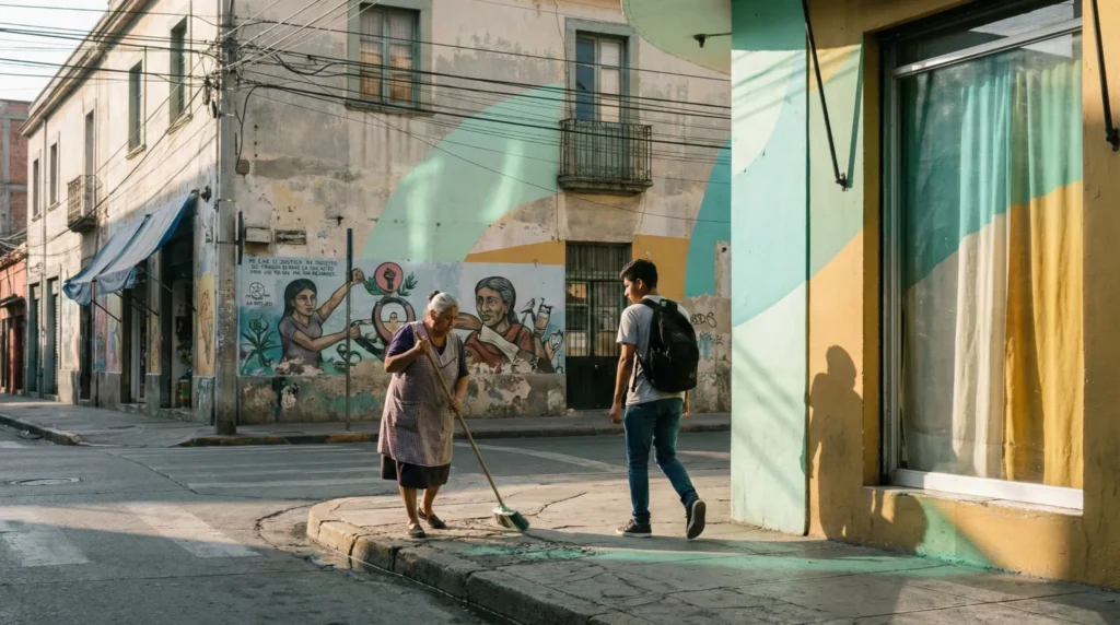 Mujer mayor barriendo una esquina en barrio latinoamericano mientras un joven camina con mochila; mural comunitario al fondo, luz de amanecer y líneas de color turquesa, verde y amarillo que evocan justicia y esperanza según Miqueas 6:8.