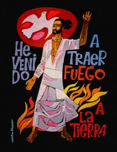 Mural de Maximino Cerezo Barredo con Cristo resucitado y la frase “He venido a traer fuego a la tierra”, obra representativa de la teología de la liberación en América Latina.