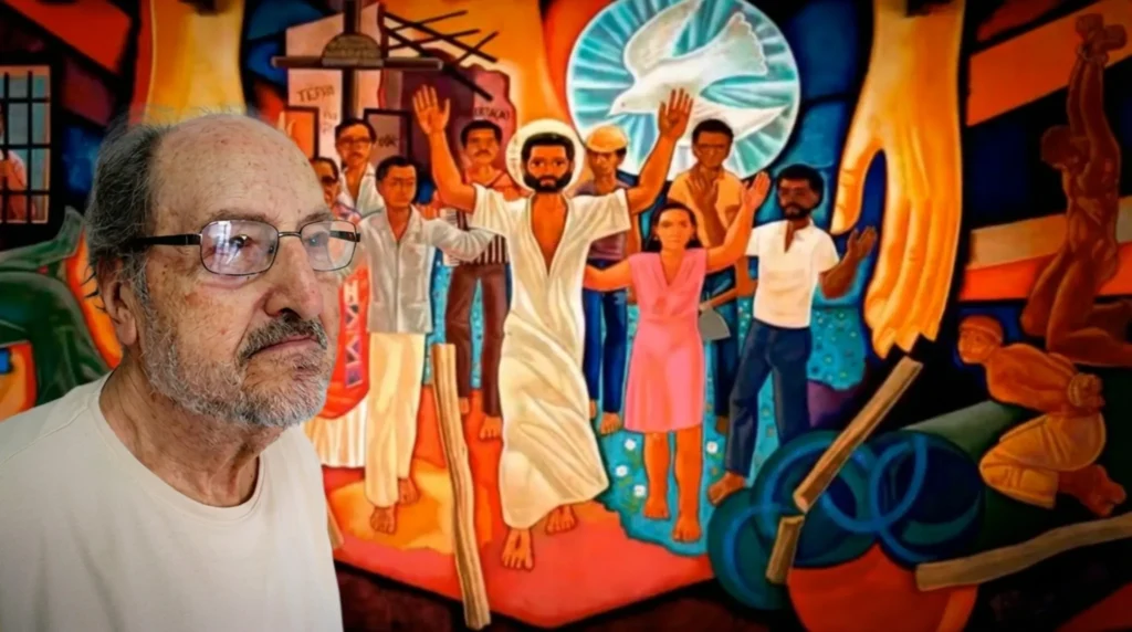 Maximino Cerezo Barredo frente a uno de sus murales de teología de la liberación en América Latina, composición editorial en homenaje al pintor de la liberación.