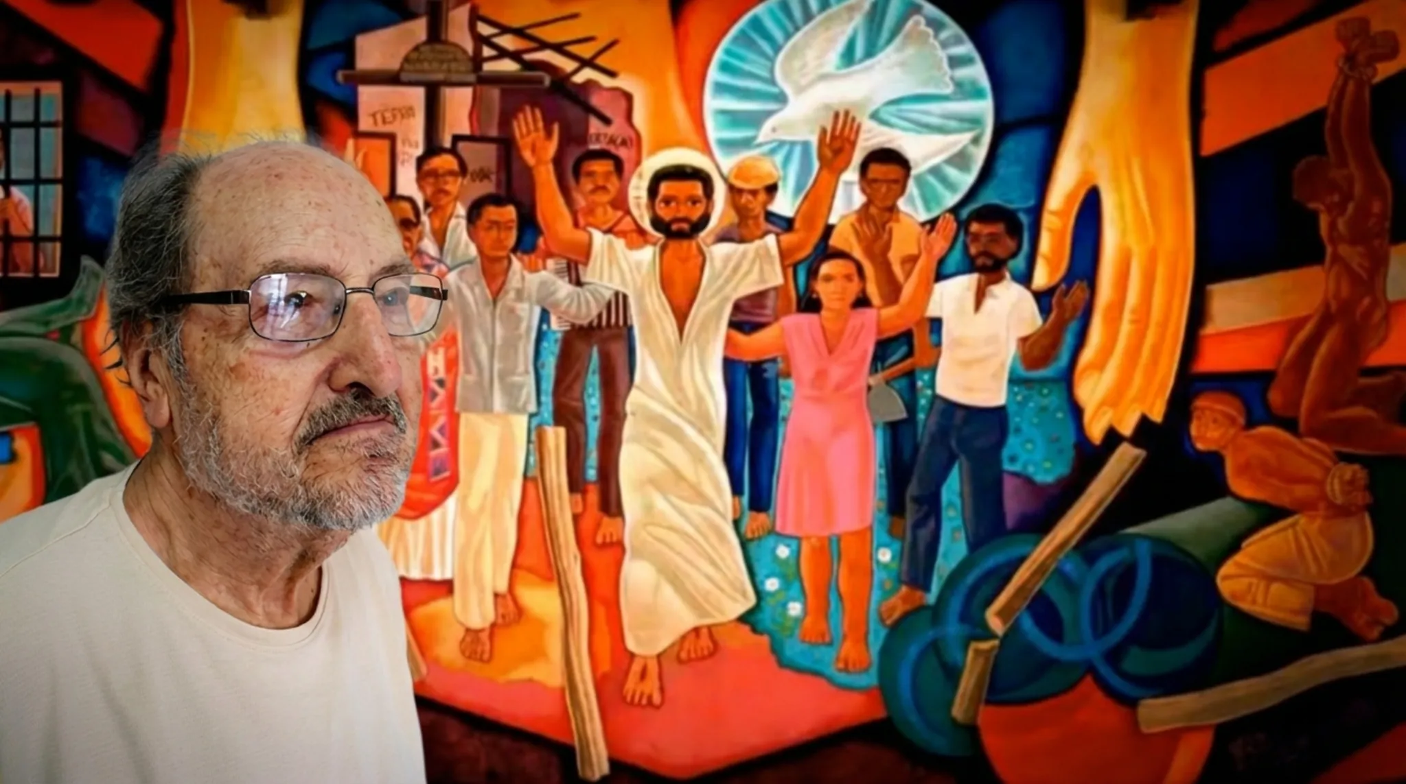Maximino Cerezo Barredo frente a uno de sus murales de teología de la liberación en América Latina, composición editorial en homenaje al pintor de la liberación.