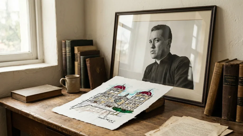 Acuarela de la iglesia San Nicolás de Cali sobre escritorio de estudio junto a fotografía enmarcada de Camilo Torres Restrepo, escena histórica con libros y luz natural.