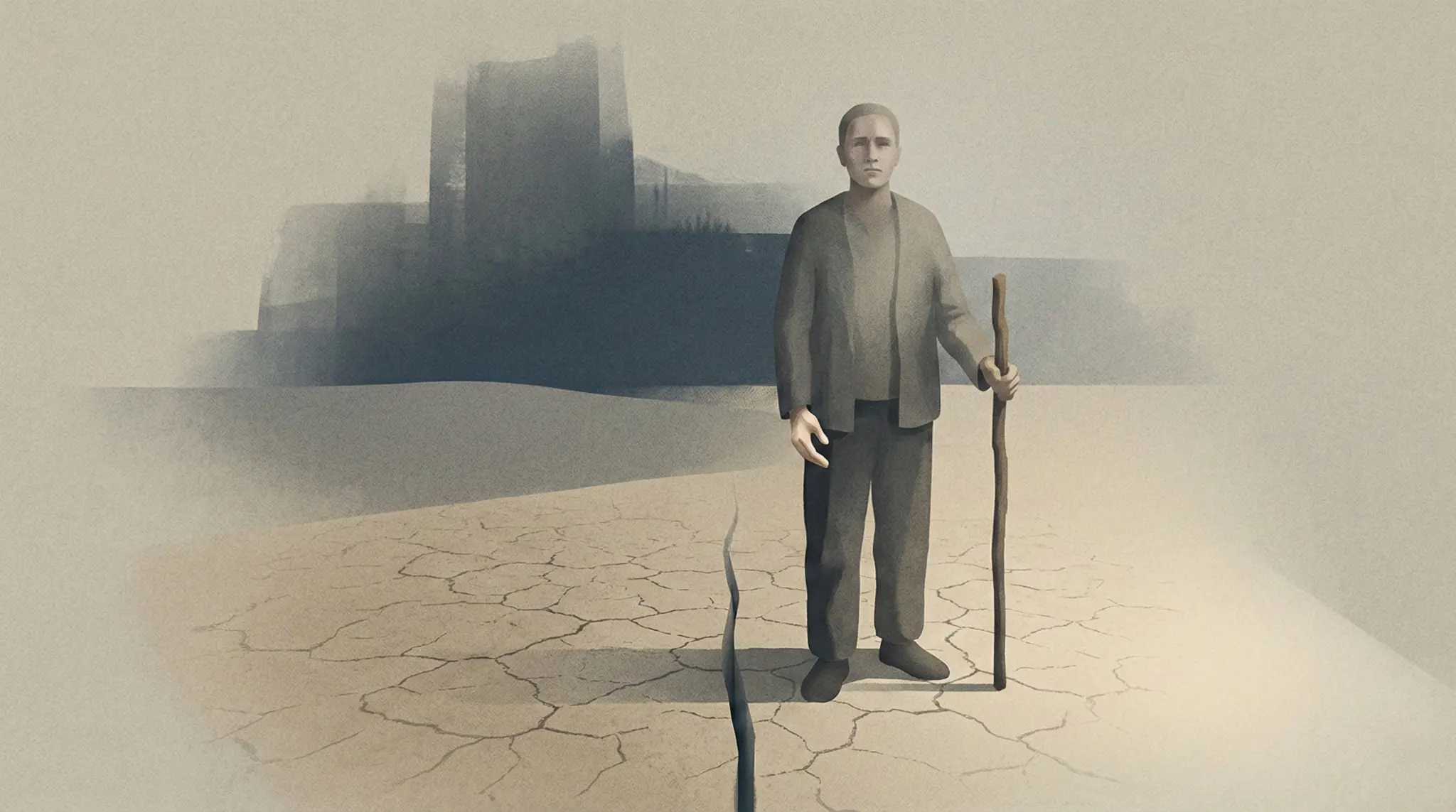 Ilustración editorial de Moisés como libertador bíblico, hombre de pie sobre tierra agrietada sosteniendo un bastón, símbolo de vocación forjada en el desierto y propósito divino.