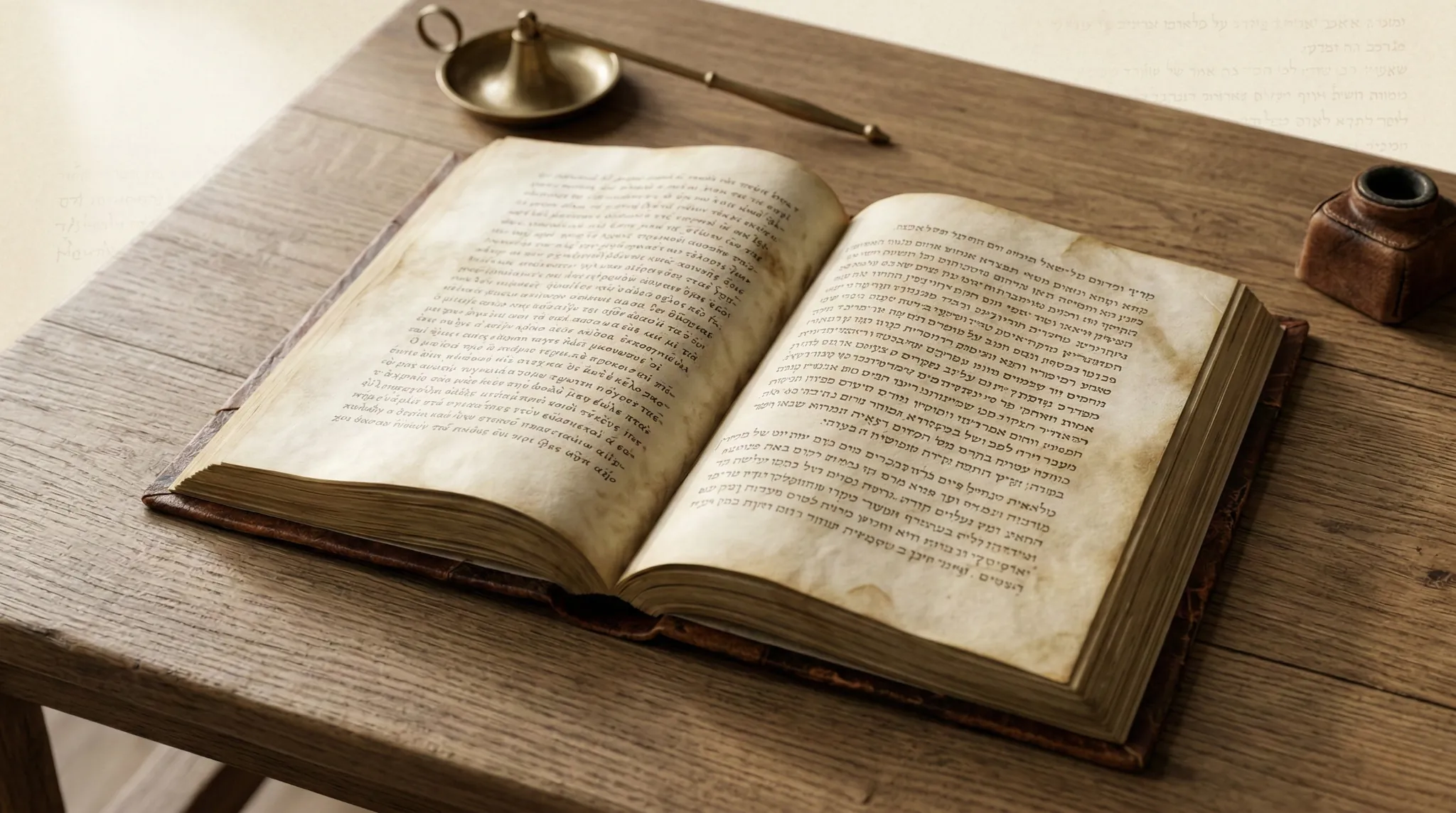 Manuscrito antiguo abierto sobre mesa de madera con texto hebreo, iluminado por luz lateral natural, imagen editorial para artículo sobre la Palabra de Dios, comunicación y fe.