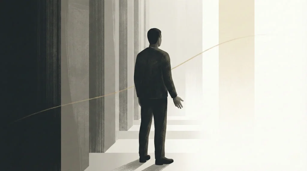 Ilustración editorial simbólica de un hombre de espaldas en un espacio abstracto que transita de la sombra a la luz, representando el propósito de Dios en la vida de José y la reinterpretación teológica del pasado.