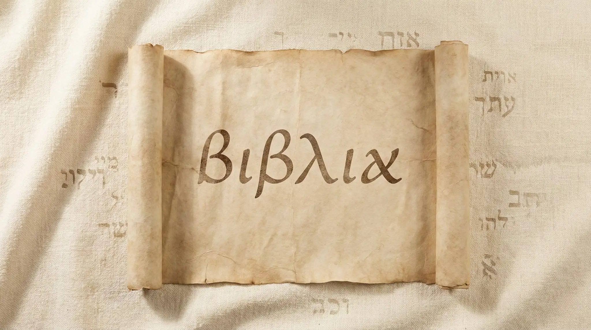 Pergamino antiguo desenrollado con la palabra “Biblia” escrita en griego clásico sobre fondo de manuscrito hebreo, ilustración conceptual sobre el significado del término Biblia.