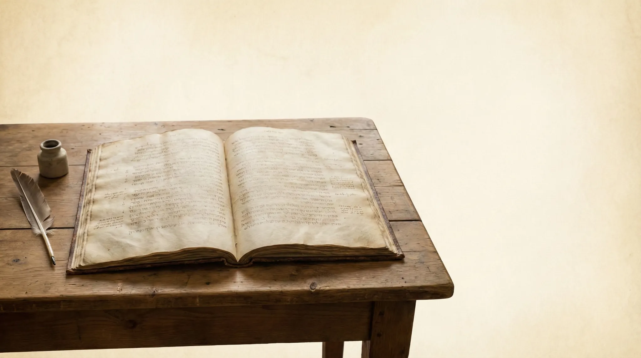 Manuscrito antiguo abierto sobre mesa de madera con pluma y tinta, representación del TANAK y la Biblia como Palabra de Dios en contexto académico