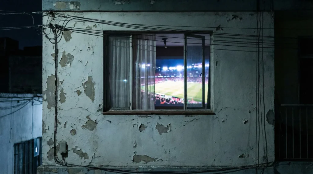 Ventana en barrio latinoamericano mostrando en pantalla un concierto masivo, contraste entre espectáculo global y vida cotidiana nocturna.