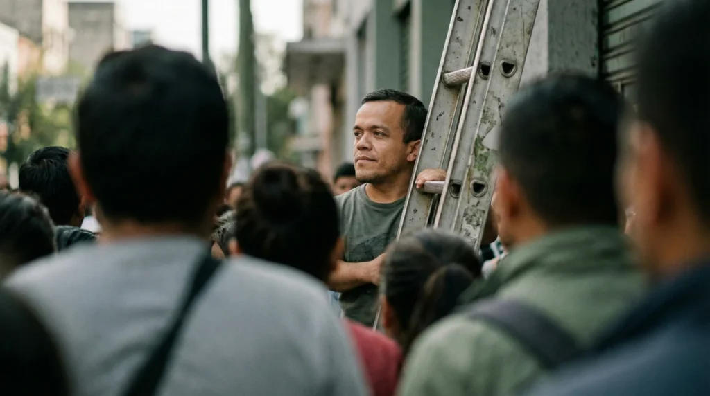 Hombre de baja estatura subido a una escalera entre una multitud en ciudad latinoamericana, escena inspirada en Zaqueo y la teología del prejuicio en Lucas 19.