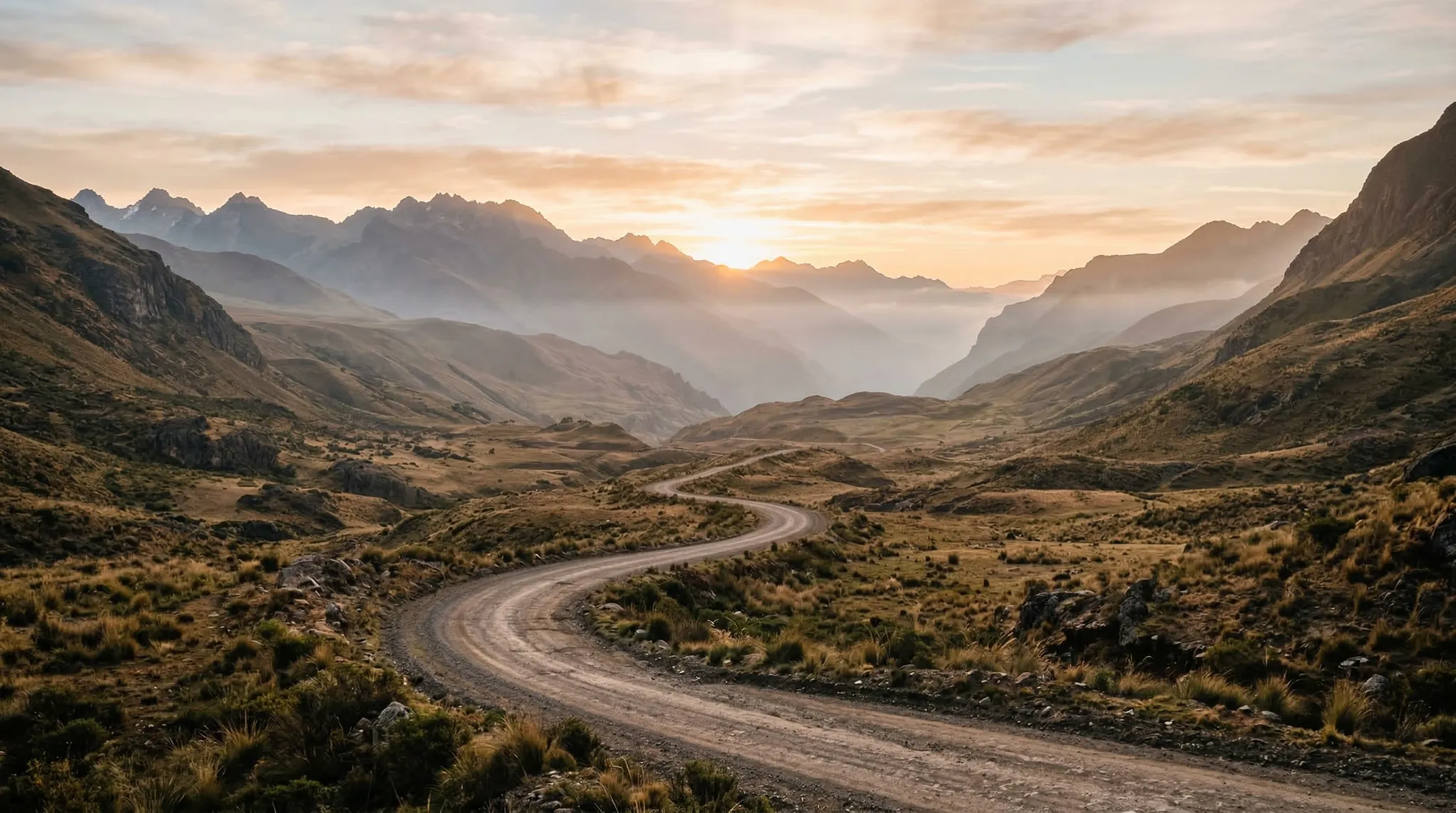 Camino sinuoso atravesando un valle montañoso al amanecer, simbolizando el camino de la fe y la lectura de la Biblia como guía para la vida.