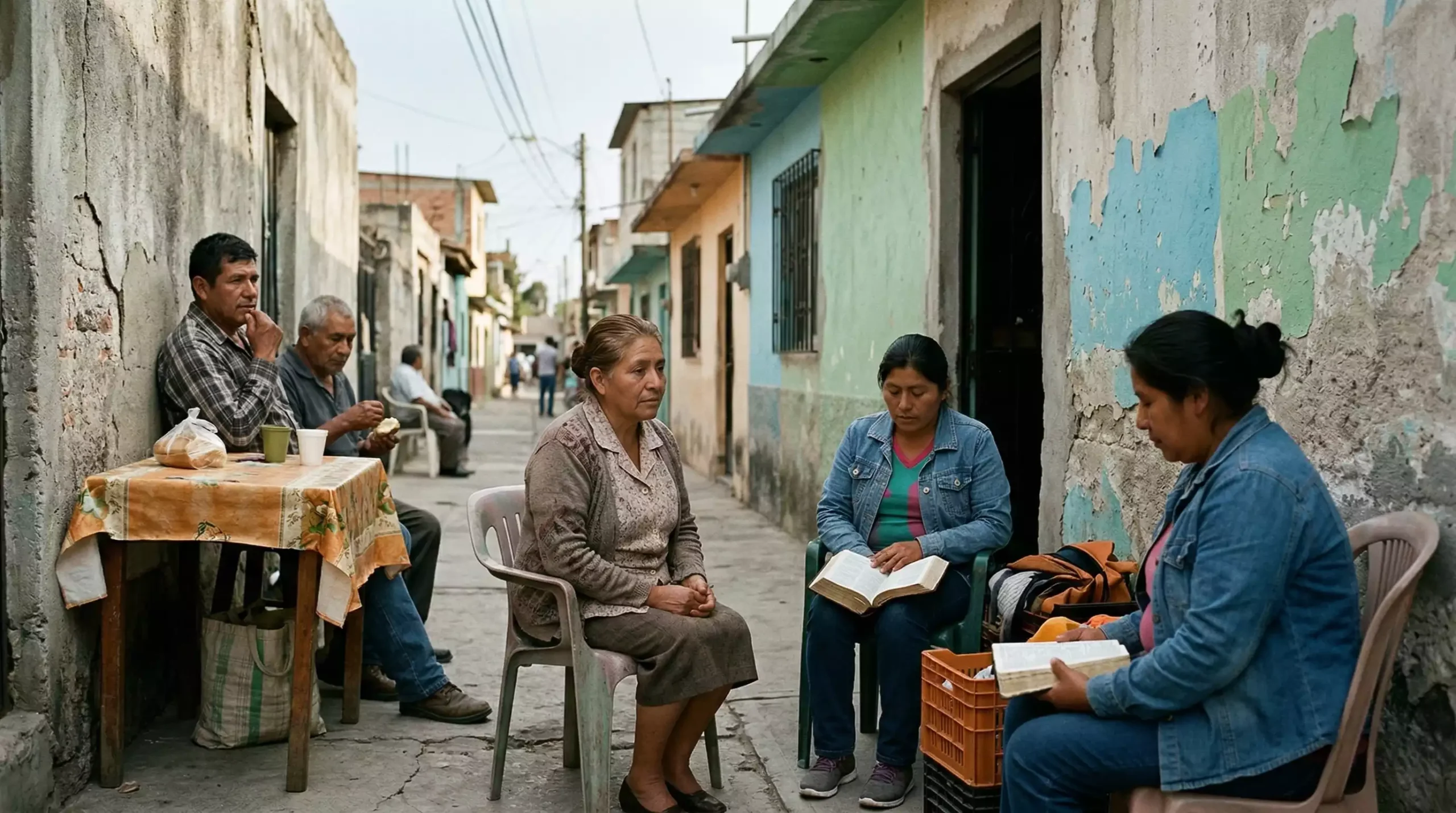 Comunidad cristiana en una calle de barrio latinoamericano durante la Cuaresma, leyendo la Biblia y reflexionando sobre ayuno, fe y justicia social.