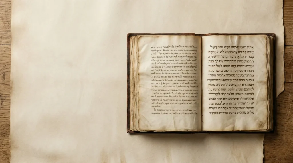 Manuscrito antiguo abierto sobre fondo de pergamino con textos en hebreo y griego, representando el contenido de la Biblia desde la creación hasta el éxodo.
