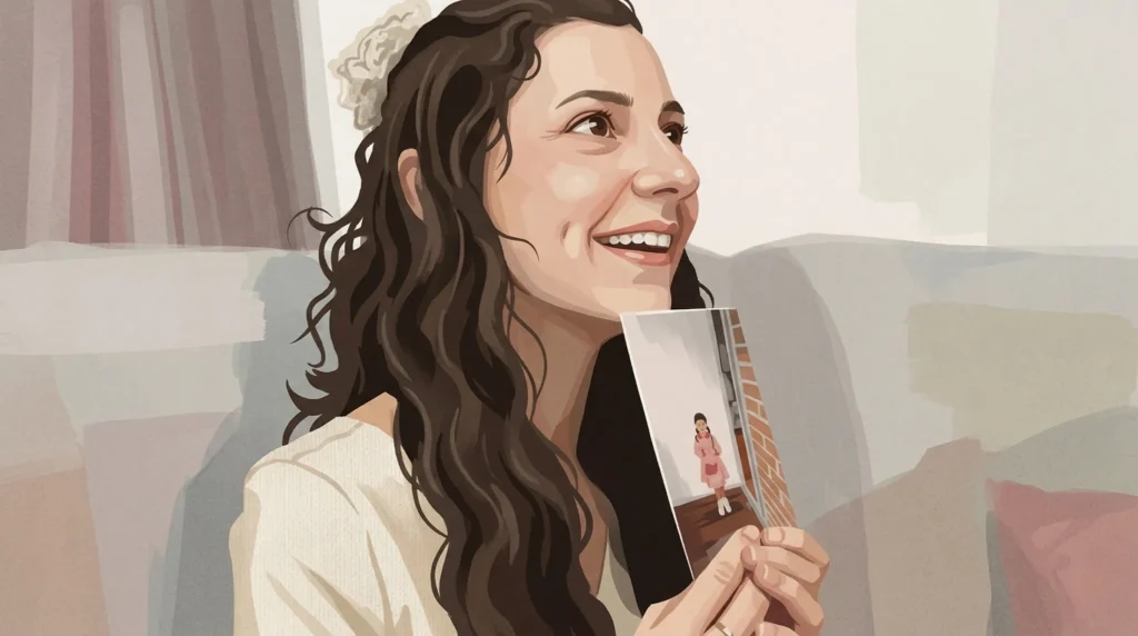 Ilustración editorial de Noelia Castillo sonriendo mientras sostiene una fotografía, representación visual sobre eutanasia y salud mental comunitaria tras trauma y acompañamiento social